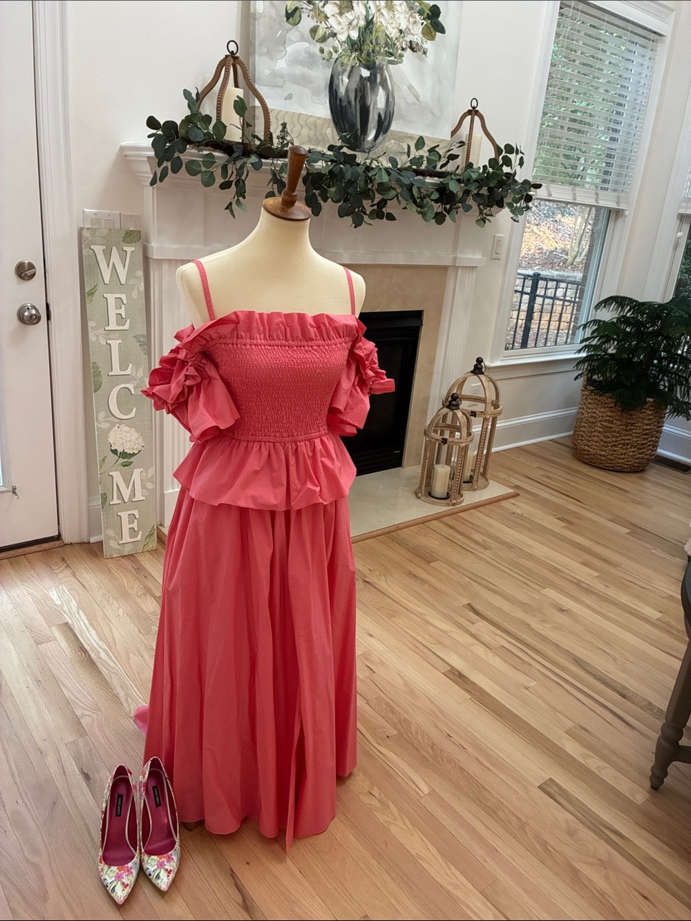 Ruffled Off-Shoulder Maxi Dress in Coral Pink
